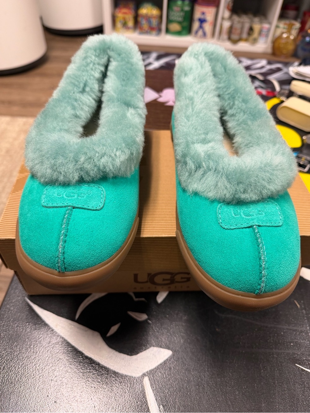 UGG Women's Teal Suede Fur-Trim Slip-On Slippers women sz 7